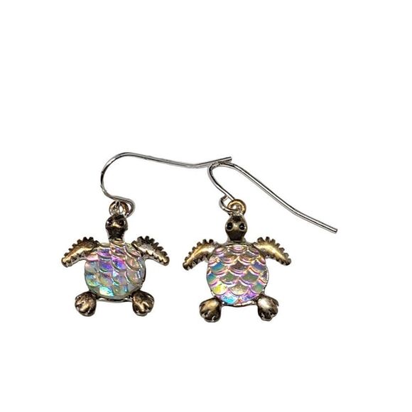 Gold Tone Pink Iridescent Carved Sea Turtle Drop Dangle Earrings Pierced Hook - Picture 1 of 5